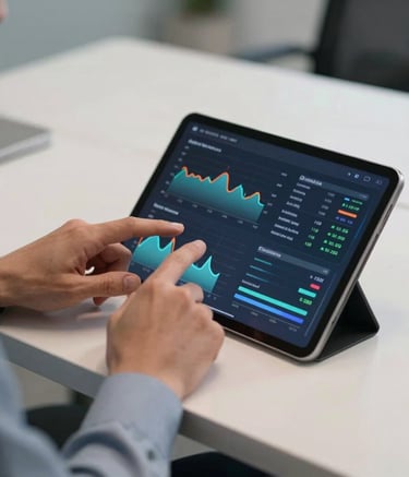 A close-up photograph of a professional's hands interacting with a sleek tablet displaying vibrant, clear energy consumption analytics. The setting is a contemporary North American office with a palette of off-white and slate blue, featuring soft, professional lighting.