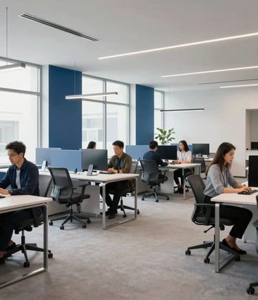 A wide shot of a sleek, minimalist tech office in North America. The space features large windows, slate blue accents, and a group of professionals collaborating in a bright, contemporary environment with off-white furniture and steel blue decor.