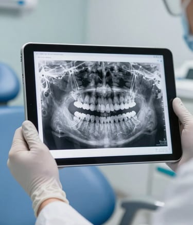 Detailed shot of a tablet screen displaying a high-resolution dental radiograph, held by a dentist's hands wearing white gloves, in a bright South American / Brazilian clinic with light blue and light gray accents.