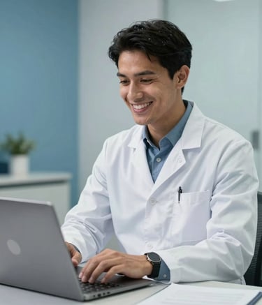 A professional South American / Brazilian dentist in a white coat smiling while conducting a tele-consultation on a modern laptop, bright and airy office setting with medium blue and light gray decor.