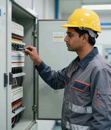 A South Asian electrical engineer in a professional industrial uniform and safety gear, confidently inspecting a modern distribution board. The background shows a clean, organized electrical shop with off-white walls and skyblue accents.