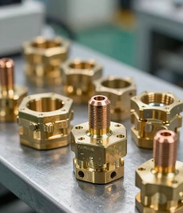 A sharp, close-up photograph of premium brass cable glands and copper lugs neatly arranged on a clean industrial metal surface. The lighting is professional and bright, highlighting the metallic textures. The scene is set in a high-tech South Asian electrical manufacturing facility.