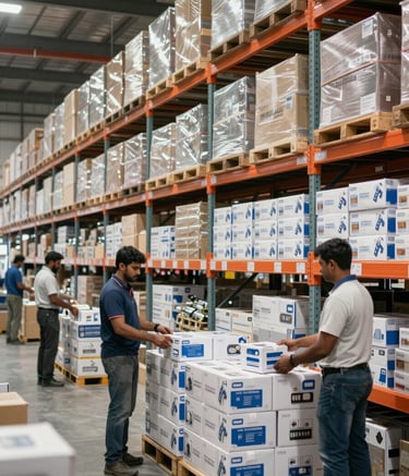 A bright and airy photograph of a large, modern electrical wholesale warehouse. Shelves are filled with neatly packaged Wire Grip boxes. South Asian workers are efficiently organizing inventory in a professional industrial environment.