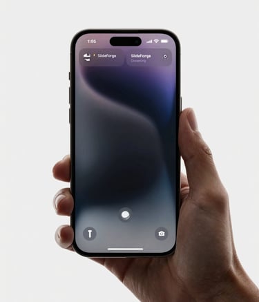 A minimalist, high-end studio photograph of an iPhone 15 Pro held by a professional hand. The screen displays the SlideForge editing interface with a sophisticated dark-mode template. Clean composition with #C9D1D9 highlights.