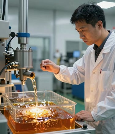 Industrial machinery transforming used oils into refined base oils with piping and control panels.