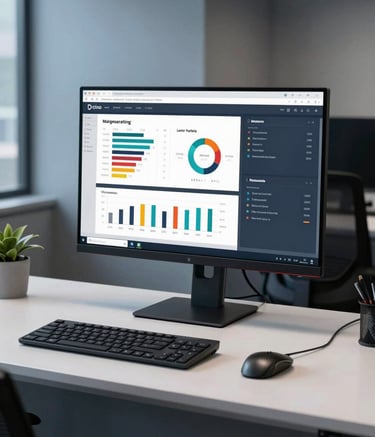 A sleek, contemporary digital workspace featuring a high-end monitor showing marketing data. The desk is organized and modern, set against a backdrop of muted steel blue office walls and a professional atmosphere.