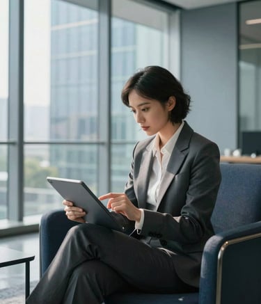 A focused professional in a modern, glass-walled office, dressed in a sharp business suit, reviewing analytics on a tablet. The environment is sophisticated with dark charcoal blue furniture accents and soft blue-grey walls, illuminated by bright, natural morning light.