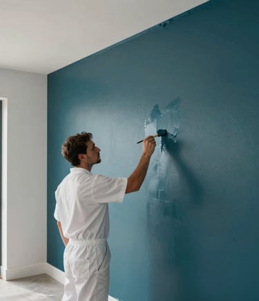 A high-end interior scene in an Oceanic / New Zealand home, showing a professional painter in a clean white uniform carefully applying deep teal paint to a feature wall with sharp, clean lines. Natural bright light illuminates the modern architecture.