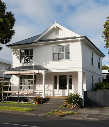 A wide-angle shot of a classic Auckland villa being restored with fresh white and charcoal paint. The setting is a lush, sunlit suburban street in Oceanic / New Zealand with professional scaffolding neatly arranged.