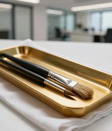 A close-up photograph of professional painting tools, including a high-quality brush and a gold-colored paint tray, resting on a clean drop cloth inside a modern Auckland office building. The style is professional and premium.
