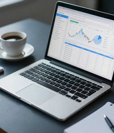Close-up of a professional desk in the US, featuring a laptop displaying a financial dashboard with clean UI, a cup of coffee, and a notepad. Professional and efficient mood with slate blue tones.