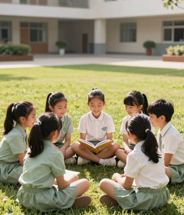 A group of happy primary school children in soft sage green and soft off-white uniforms sitting in a circle on a sunlit lawn, looking at a book together. A modern school building is visible in the background. Warm, natural lighting, institutional style.