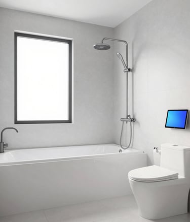 Cozy bathroom remodel featuring dark tiles and contemporary design elements.
