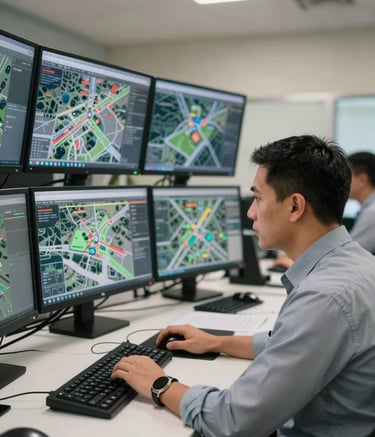 High-end security command center with multiple monitors showing strategic layouts. A professional in a Blue Gray shirt is focused on a tactical plan. South American office setting, shallow depth of field, professional and secure atmosphere with Off-White lighting.