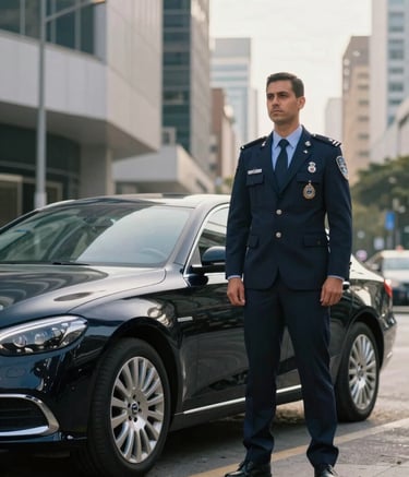 Photography of a professional security escort in a sharp Dark Navy suit standing discreetly near a luxury black sedan in a modern South American business district. Natural afternoon light, Steel Blue and Dark Navy tones.