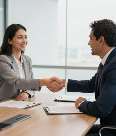 Photography of a professional meeting in a bright Santarém office. Two South American Brazilian business people are shaking hands across a conference table. The scene conveys trust and partnership, with a palette of white, grey, and deep blue.