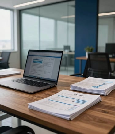 Detailed photography of a professional South American Brazilian workspace in Santarém. A sleek wooden desk features a high-end laptop and neat stacks of financial reports. The background is a modern office with glass walls, filled with soft morning light and accents of navy blue and light cyan.