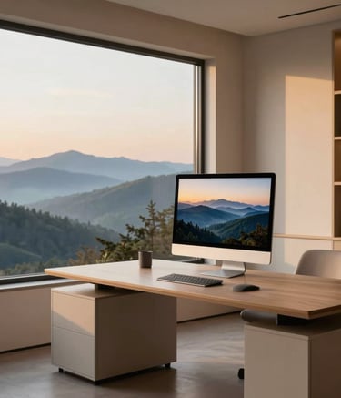 A high-end modern home office in North American / US, featuring a sleek minimalist desk, a high-resolution monitor, and a large window looking out onto soft rolling blue-ridge mountains at sunrise. The interior lighting is warm, incorporating soft parchment and warm tan sand tones, while the outside view shows misty blue-green peaks.