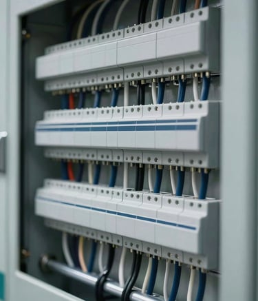 A close-up shot of a modern, meticulously organized electrical distribution board with neat wiring. The lighting is bright and technical, emphasizing precision and safety. The color palette features metallic greys and muted blues matching #455A64 and #90A4AE.
