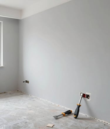 A wide-angle photo of a modern apartment interior during a renovation phase. New electrical conduits are visible on a clean grey wall. The scene is bright, reflecting efficiency and craftsmanship, with tools in shades of #263238 neatly placed.