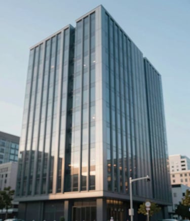Exterior view of a modern office building in a clean urban environment. The architectural lines are sharp and professional. The sky is a soft #A6BFCC blue, and the building highlights incorporate #2B2D42 metallic elements, conveying credibility.