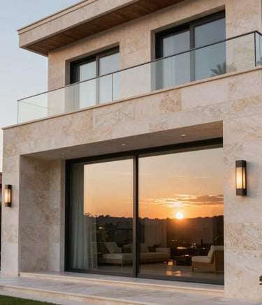 A detailed architectural shot of a luxury Mediterranean villa facade in Spain, featuring clean lines, limestone walls, and large glass windows reflecting a sunset, conveying sophistication and high-quality real estate.