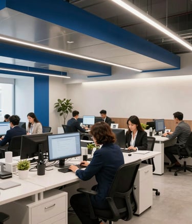 A professional wide shot of a modern real estate office in Spain with steel blue accents, featuring a bright and open workspace where staff work efficiently in a sophisticated and welcoming atmosphere.