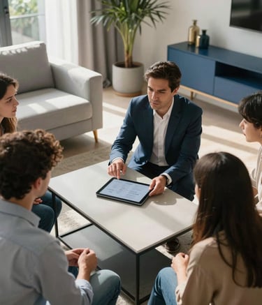 A high-angle photography shot of a real estate consultation in a sun-drenched, modern Spanish apartment. A professional agent is discussing plans on a tablet with clients, surrounded by light gray and steel blue interior decor.