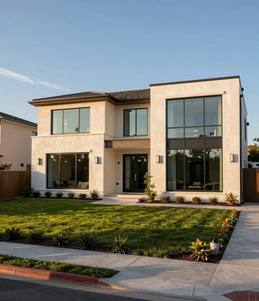 Wide-angle photography of a sun-drenched, modern luxury estate in a North American / US suburb, featuring clean lines, large glass windows, and a manicured landscape during the golden hour, reflecting a cream and navy palette.