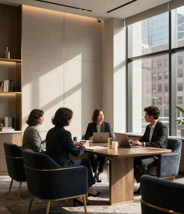 A professional interior shot of a sophisticated, modern real estate office in a North American / US city. The scene includes gold accents and dark navy furniture, with soft morning light illuminating a collaborative meeting space.
