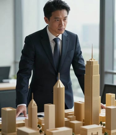 A professional portrait of a business strategist looking at a minimalist architectural model of a city. The scene is lit with natural, cool morning light. The environment features dark navy and gold tones, projecting an image of authority, foresight, and high credibility.