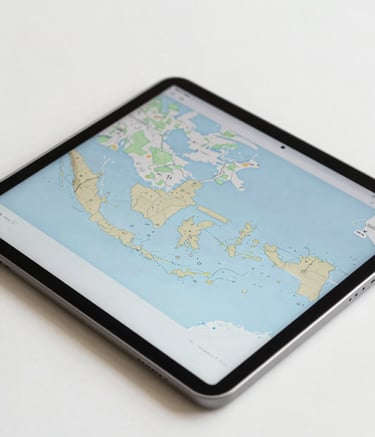 A close-up, high-angle shot of a minimalist workspace featuring a sleek tablet displaying a digital map of Indonesia. The lighting is bright and professional, with a color palette of soft off-white and accents of steel blue. The composition is clean, representing data-driven intelligence and modern technology.