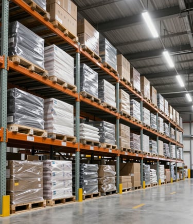 A bustling warehouse with rows of electronics ready for distribution across Europe.