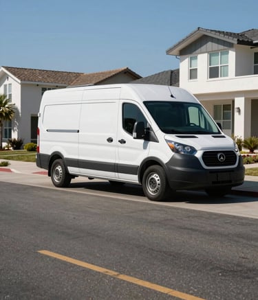 A clean, wide-angle shot of a modern North American residential street in Kingsburg, CA, featuring a white service van with subtle Dark Navy accents parked near a curb, midday sun, sharp focus, professional atmosphere.