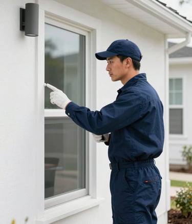 A professional pest control technician wearing a Midnight Blue uniform inspecting a clean, modern North American / US home exterior in Lemoore during the day. The scene is bright with Glacier White accents, showing expertise and calm.