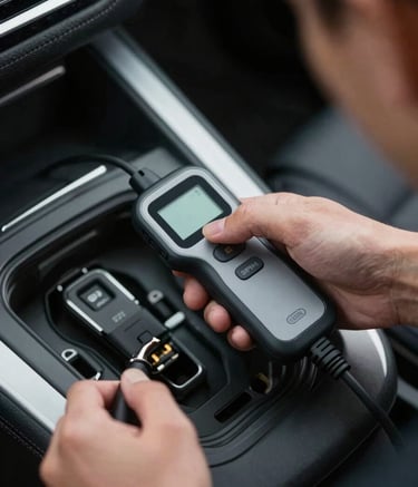 A close-up, high-angle shot of a professional technician's hands using a sleek, modern electronic key programmer device connected to a luxury car's OBD port. The scene is illuminated with a cool, sophisticated lighting, featuring tones of #0F1419 and #8E9BAF. The atmosphere is technical and precise.