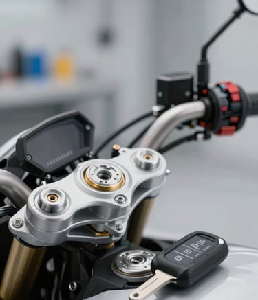 A sharp, clear image of a modern motorcycle ignition system with a newly programmed digital key nearby. The background shows a clean, organized automotive workshop with hints of #3F4A5E and #F5F7FA. The style is professional and highly detailed, emphasizing mechanical reliability.