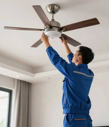 A wide photography shot of a professional technical expert in a steel blue uniform installing a modern ceiling fan in a contemporary Southeast Asian / Malaysian home interior. The scene is clean, formal, and emphasizes safe installation practices.