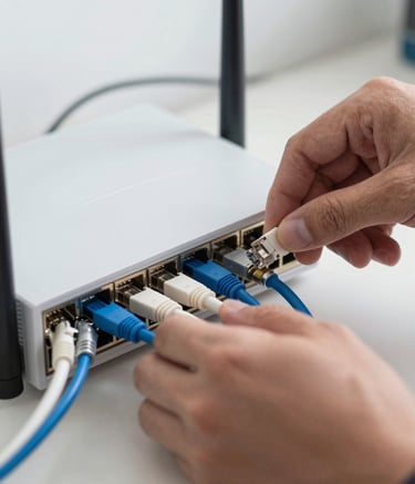 A close-up photograph of a professional technician's hands neatly organizing white and steel blue network cables into a modern internet router, set in a clean Southeast Asian / Malaysian residential environment. The lighting is bright and technical.