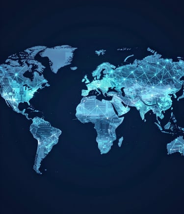 A high-tech, modern digital world map illustrating global connectivity with glowing nodes and lines in #214E87 and #D6E0F0 on a deep #0A192F background. Professional, clean, and symbolizing international accessibility.