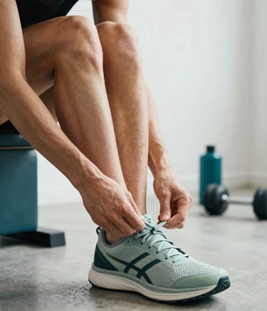A focused athlete tying the laces of their running shoes in a minimalist gym setting. The scene features dusty sage and dark teal equipment with a bright, professional lighting setup.