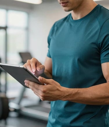 A close-up shot of a professional fitness trainer in a deep teal uniform, holding a tablet and providing guidance in a clean, modern gym environment with soft pearl frost lighting.