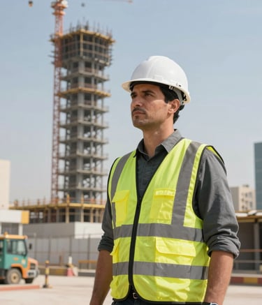 A professional construction site supervisor in a safety vest standing before a rising steel structure, Middle Eastern urban environment, bright daylight, professional photography emphasizing engineering expertise.