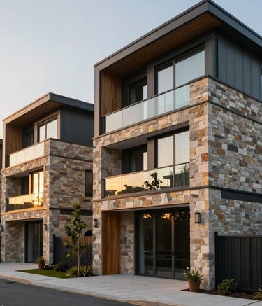 Professional photography of a modern residential complex featuring Anatolian stone and wood textures, sunset lighting reflecting off glass facades, sage and charcoal color palette, high-end construction aesthetic.