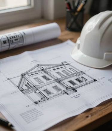 Close-up of detailed architectural blueprints spread across a wooden table, an engineer's hard hat resting nearby, soft morning light in an office in an Anatolian city, professional photography with charcoal and silver mist tones.