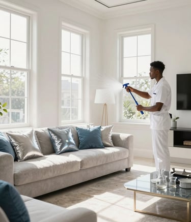A sparkling clean, modern living room in an Ankara residence. Sunlight streams through large windows onto soft powder white walls and silver-blue cushions. The atmosphere is fresh, airy, and premium, highlighting professional home cleaning.