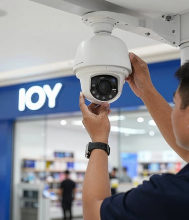A close-up of a professional security technician in a North American / US retail mall, installing a high-end dome CCTV camera. The background shows a sleek store entrance with Ice Blue and Deep Blue branding elements. The lighting is crisp and commercial.