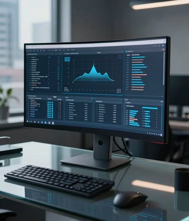 A sleek, futuristic workspace in a North American city featuring a high-end curved monitor displaying sophisticated data streams and soft blue UI elements. The lighting is cinematic and moody, with reflections on a clean glass desk.