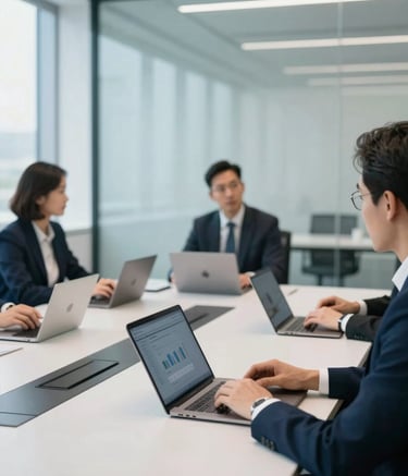 A professional close-up of a strategy meeting in a bright, minimalist glass-walled conference room in a North American corporate headquarters. The scene features high-end tech devices, soft natural light, and a sophisticated atmosphere with tech blue and white accents.