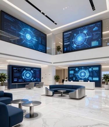 An ultra-modern, bright tech lobby with high ceilings and white marble floors in a North American innovation hub. The space features large digital installations and sleek, minimalist furniture in tech blue and silver tones.